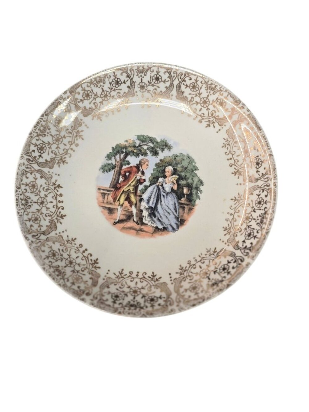 Vintage Gold-Trimmed Porcelain Plate Romantic Courting Couple Victorian Scene